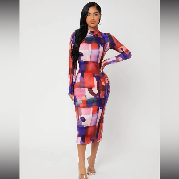 Long sleeve women xs dress shein color block red blue slit abstract - Picture 1 of 2